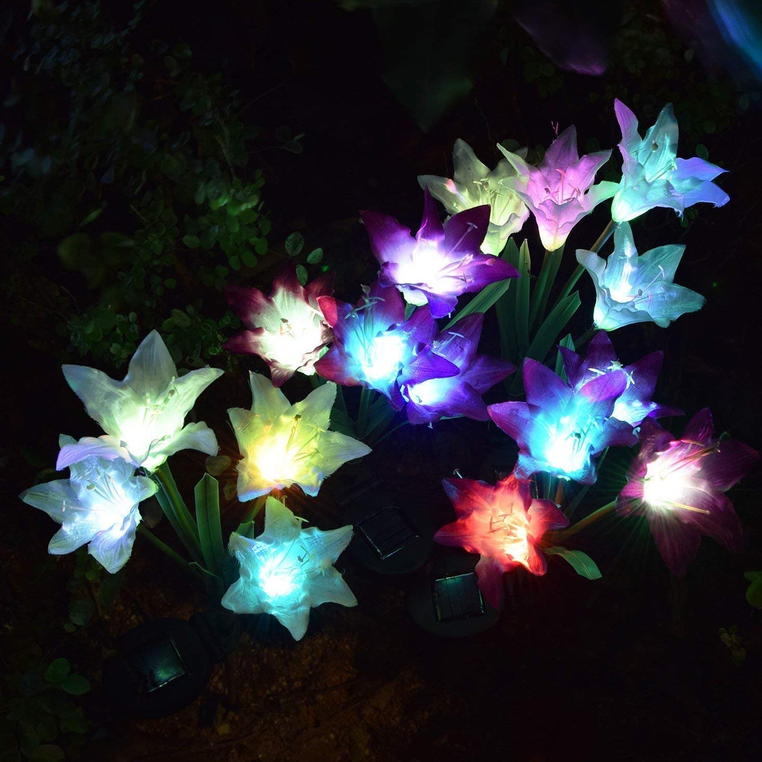 Close-up of solar lily flower stake lights, outdoor decor