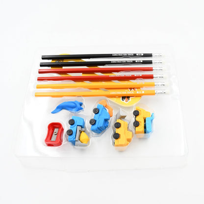 Set of pencils and erasers for kids with a construction truck theme