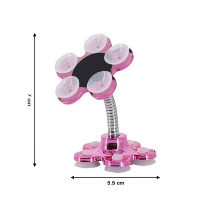 Phone holder with 360° rotation and suction cups.