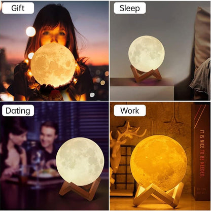 Realistic moon design lamp with wooden stand, perfect for night lighting.