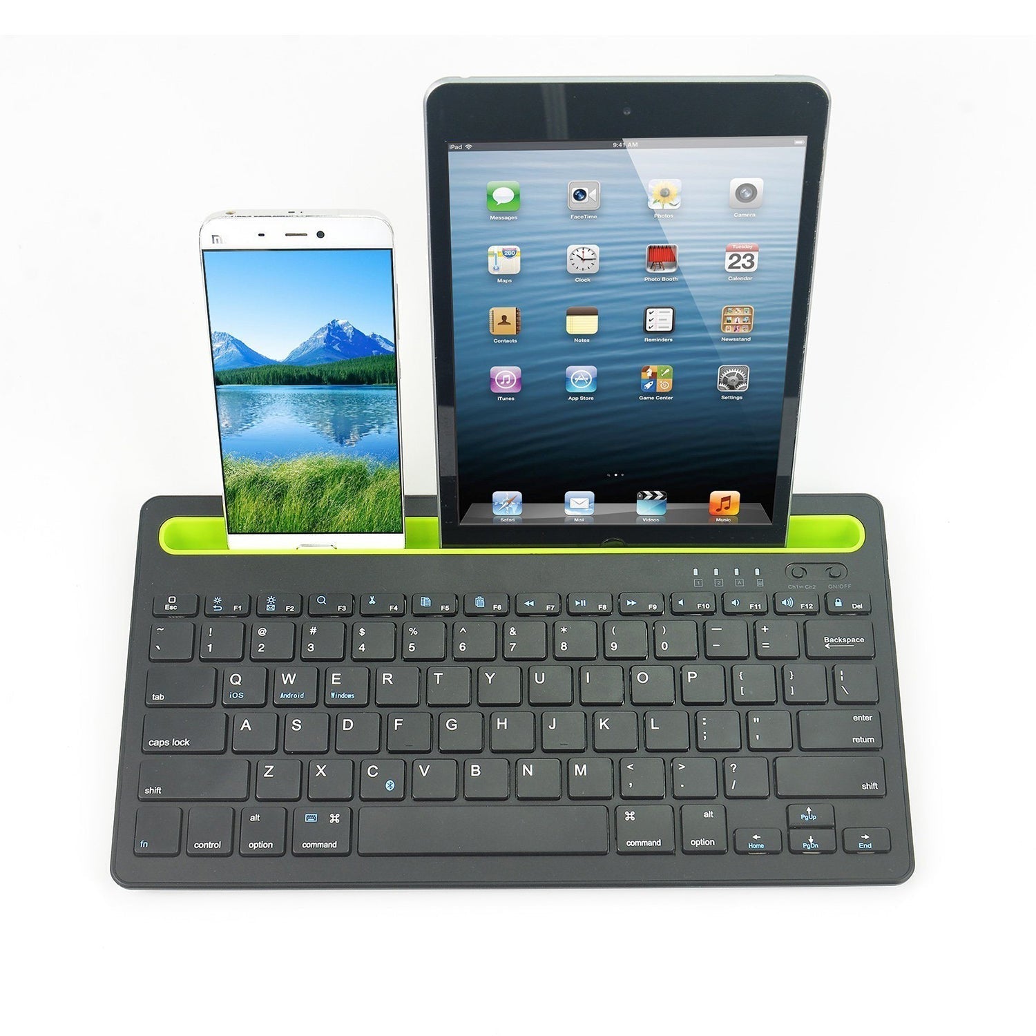 Wireless mini keyboard designed for use with PCs, tablets, and phones.