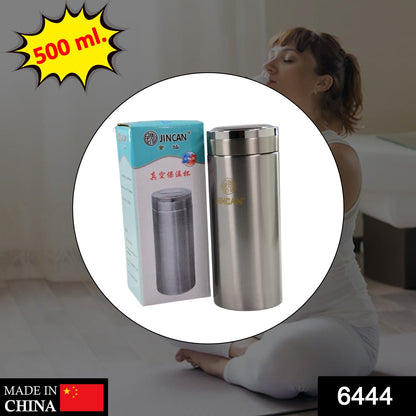 Reusable stainless steel thermos bottle for home or travel.