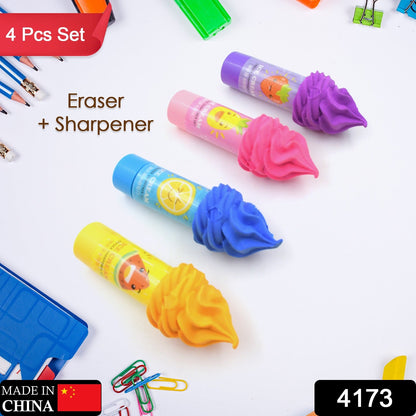 2 in1 Ice-Cream Cone Shaped Eraser Sharpener for Kids, Fancy & Stylish Colorful Erasers, Mini Eraser Creative Cute Novelty Eraser for Children Different Designs Eraser Set for Return Gift, Birthday Party, School Prize (4 Pcs Set)