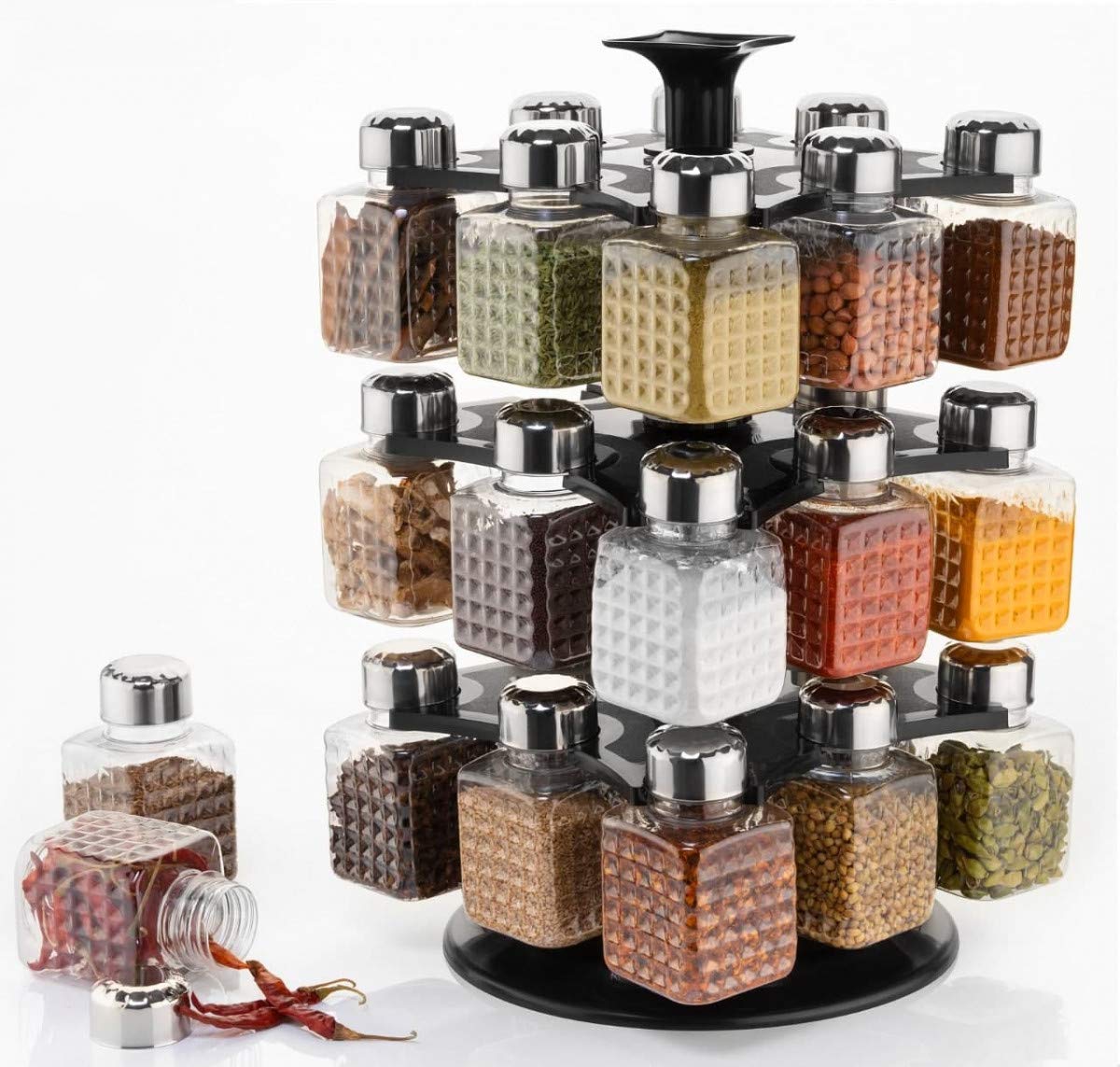 Large 360° spice rack with 24 square containers for kitchen use