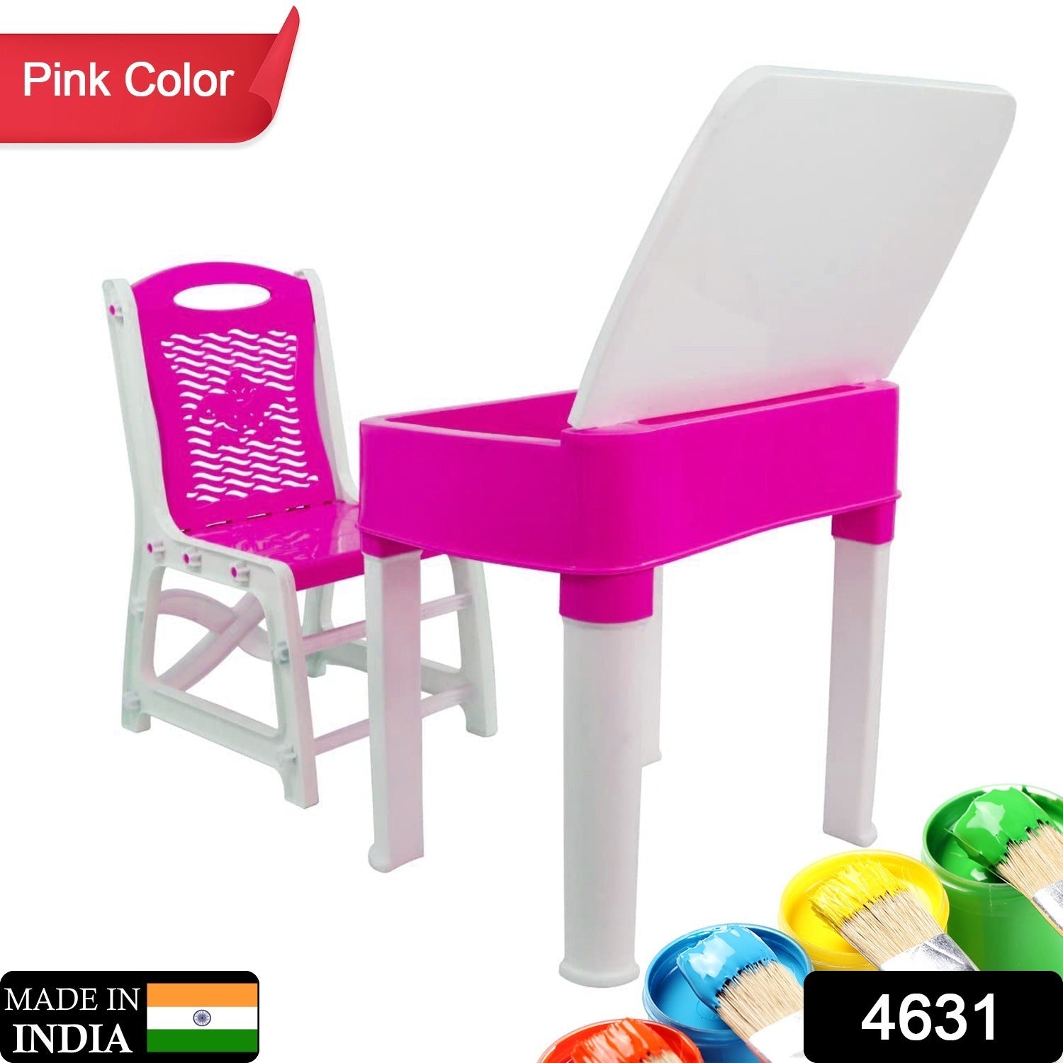 High-quality plastic study table and chair set in pink, includes a small box for pencils.