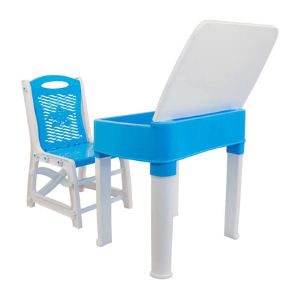 Kids' study table and chair set with small pencil compartment, made of high-quality plastic.