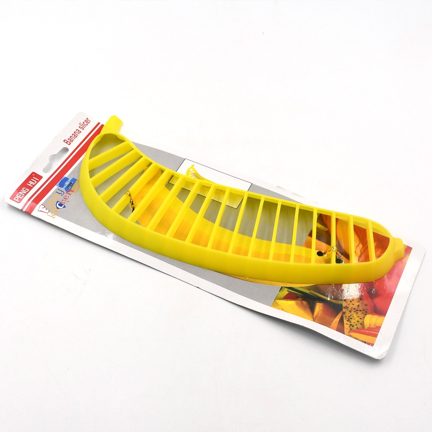 Banana cutter, plastic, handle for easy slicing of fruit for salads.